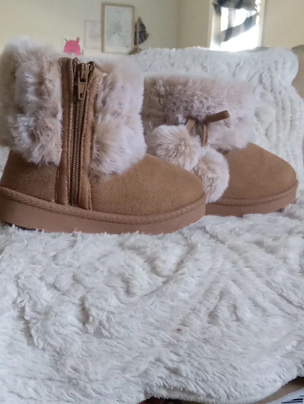 Girls' Tan First-shoes-Tan Faux-Fur Pom Booties Size 4/5